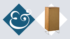 a mid-century style storage cabinet with a fabric door