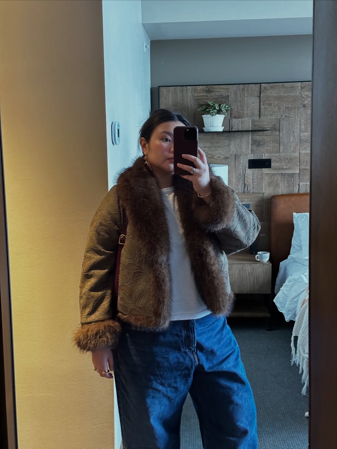Marina wearing a Zara Fur-Lined Jacket.
