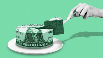 Illustration of a cake covered with a dollar bill, and a hand picking up a slice