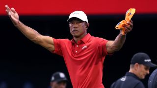 PALM BEACH GARDENS, FLORIDA - MARCH 24: Tiger Woods of Jupiter Links Golf Club reacts on the third hole during the match against the Los Angeles Golf Club at SoFi Center on March 24, 2026 in Palm Beach Gardens, Florida. (Photo by James Gilbert/TGL/TGL Golf via Getty Images)
