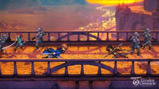 Two pixel warriors charge at each other on a bridge