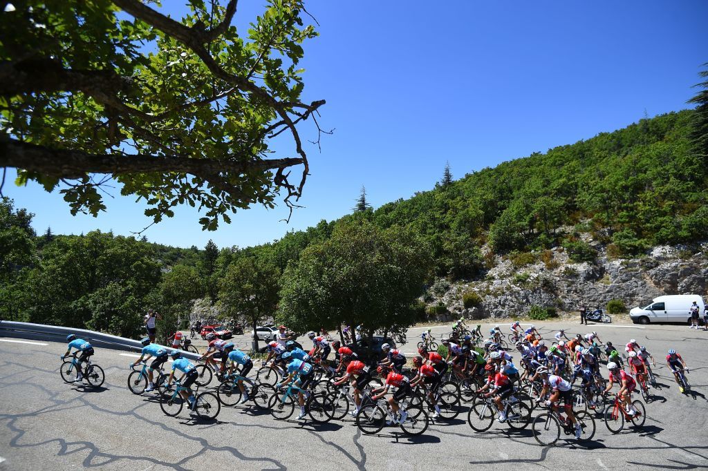 The pack rides during the Mont Ventoux Denivele Challenge on August 6 2020 at the Mont Ventoux southern France Mont Ventoux Denivele Challenge is a 182 kms one day race from VaisonLaRomaine to Mont Ventoux with nearly 4000 meters of ascending elevation Photo by Sylvain THOMAS AFP Photo by SYLVAIN THOMASAFP via Getty Images