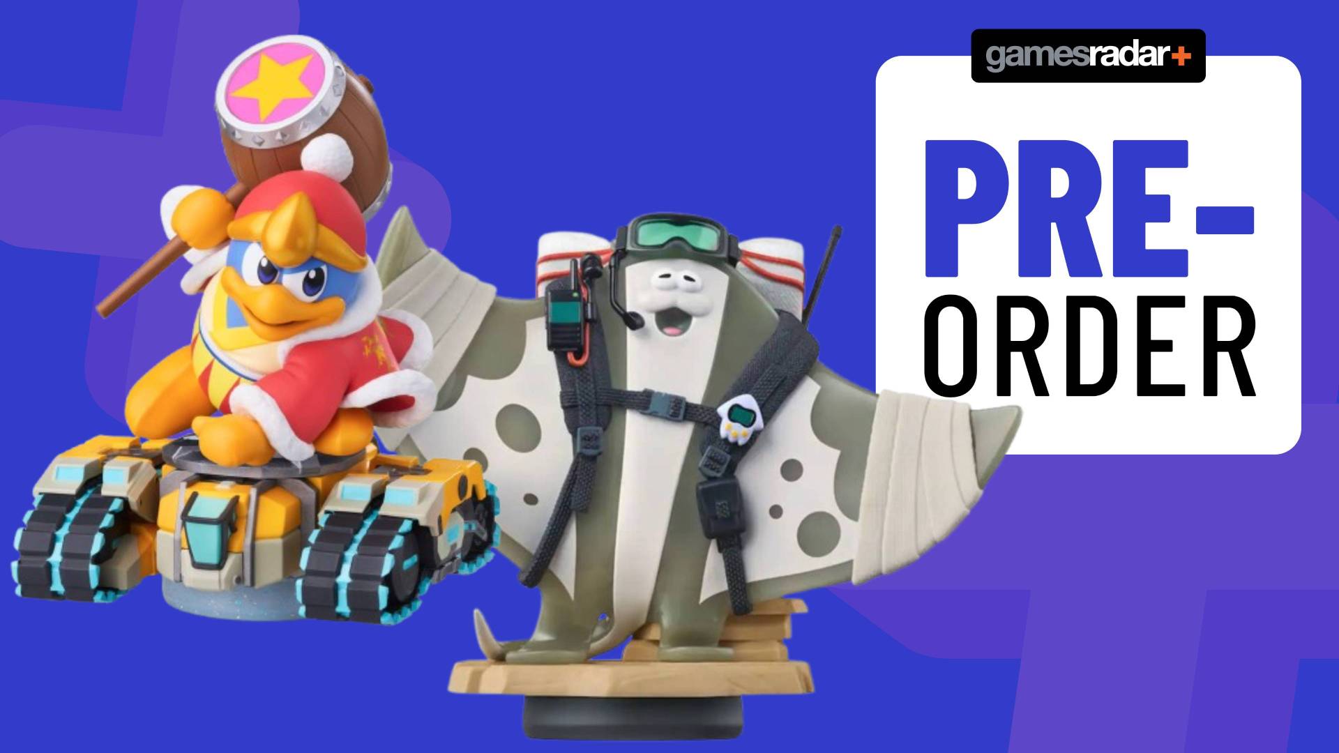 Image of a Kirby Air Riders and Splatoon Raiders amiibo sitting on a blue GamesRadar+ background.