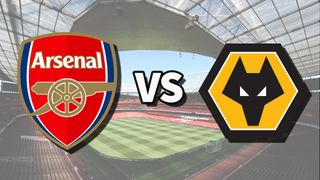 The Arsenal and Wolverhampton Wanderers club badges on top of a photo of Emirates Stadium in London, England