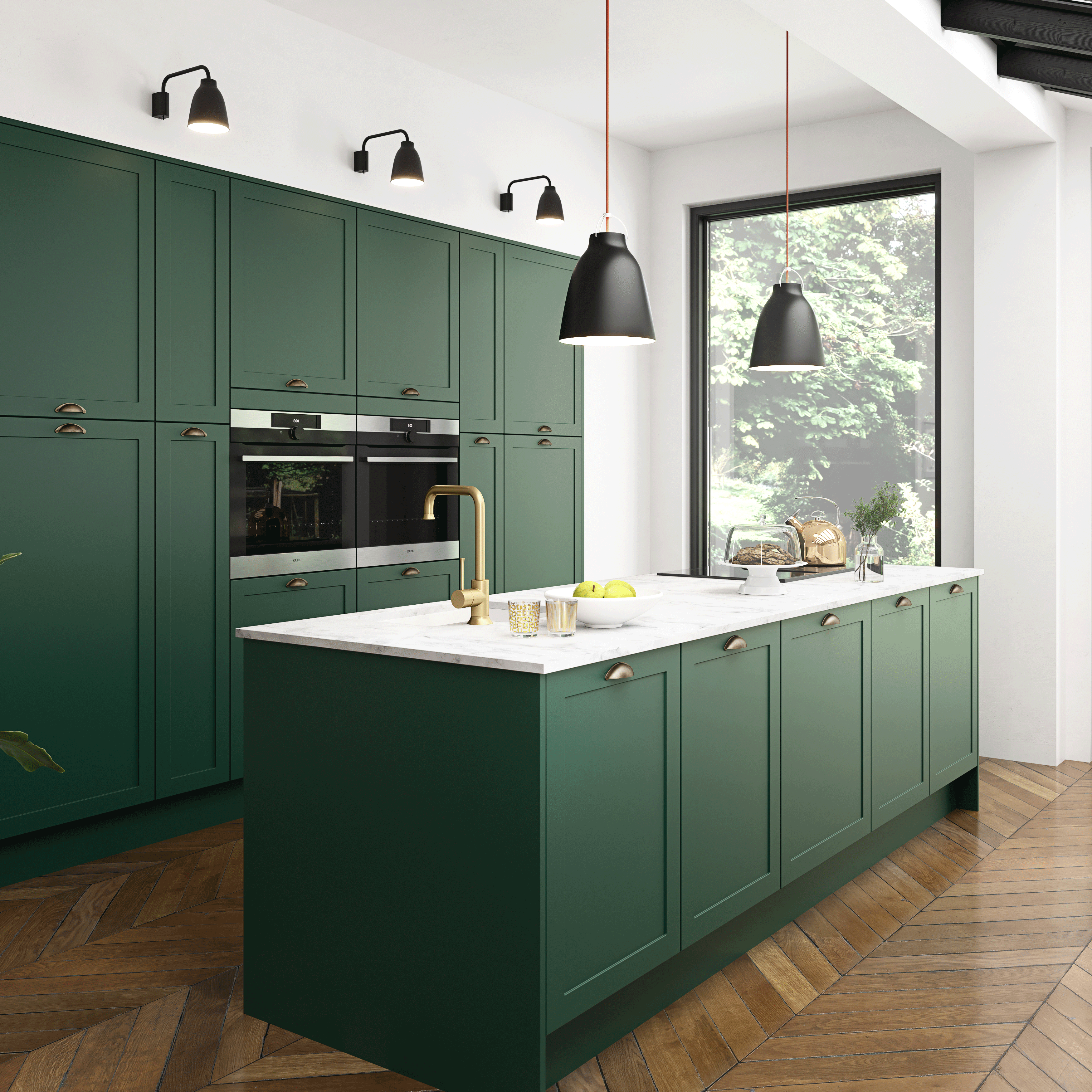 kitchen with green colour furniture and wooden flooring