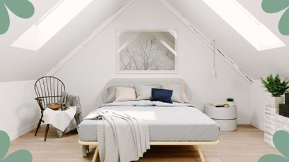White attic bedroom showing how to cool down a room without ac in a bedroom with windows open and blinds pulled down