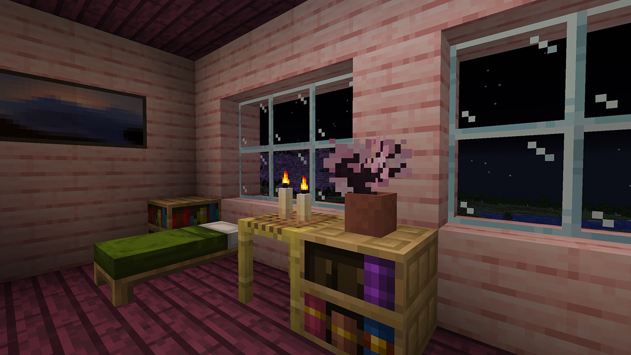 Minecraft - a small house made of pink wood with a small cherry blossom sapling in a pot