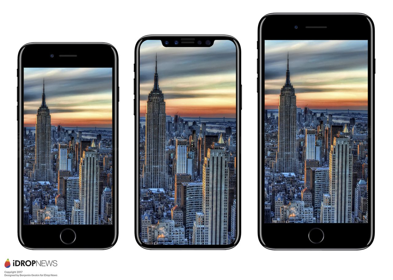 The iPhone 8 compared to the iPhone 7 (left) and 7 Plus (right) Credit: iDropNews