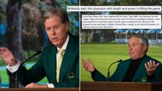 Fred Ridley and Gary Player in green jackets speaking inside the Masters press building