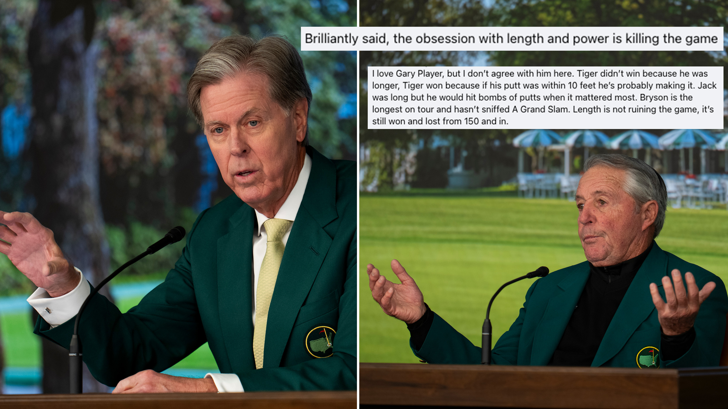 Fred Ridley and Gary Player in green jackets speaking inside the Masters press building