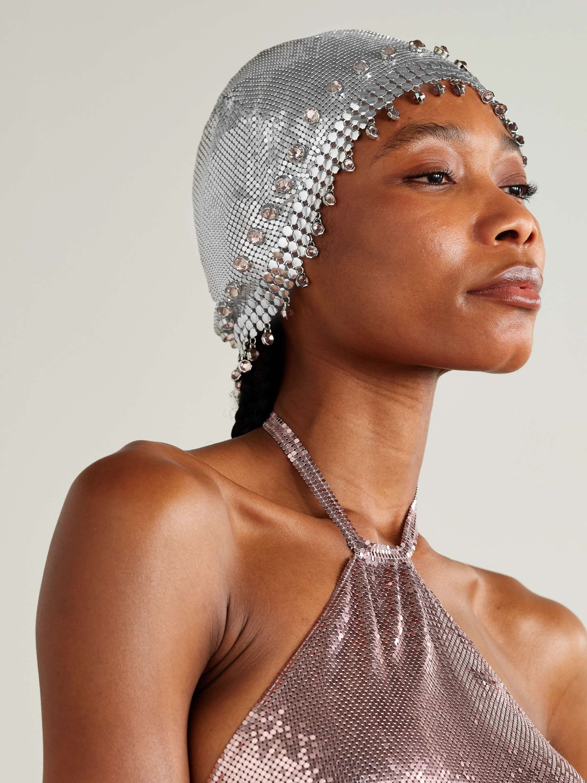 Fringed Crystal-Embellished Silver-Tone Chainmail Hat