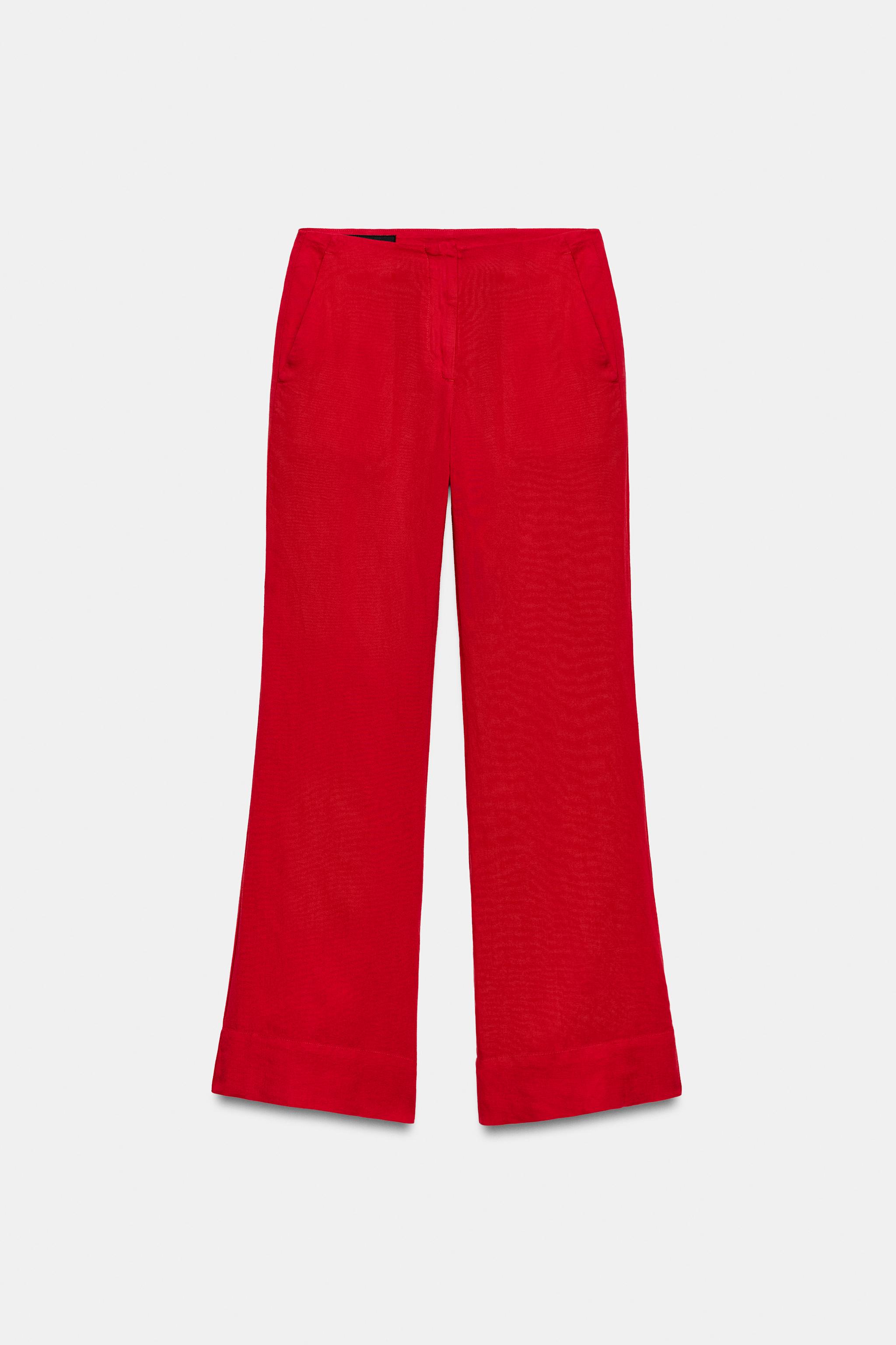 Straight Leg Linen Pants - Red - Xs