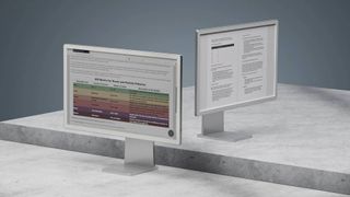 BOOX's Mira Pro--the color version and the greyscale version of the e-ink monitor--sit side by side on a marble counter.