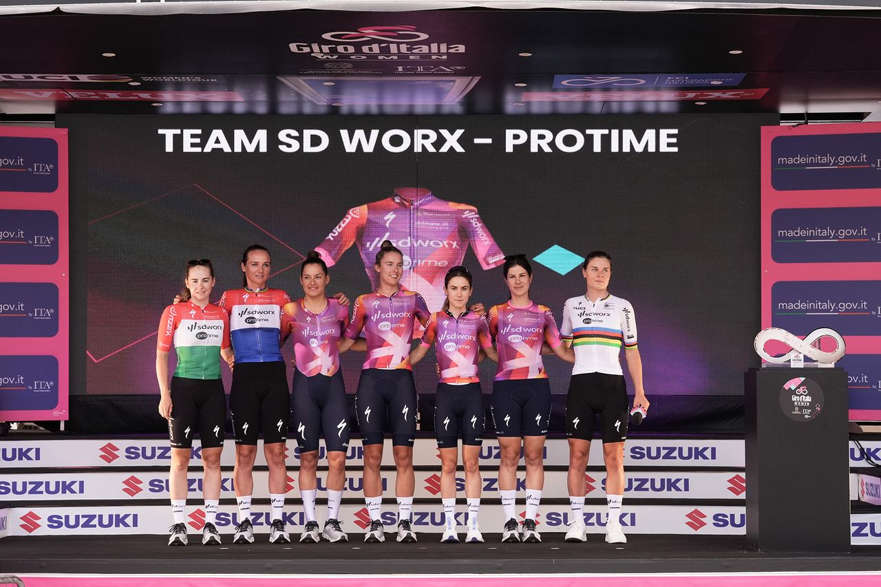SD Worx-Protime and World Champion Lotte Kopecky on stage at the 2024 Giro d'Italia Women at the teams presentation at the Piazza della Loggia in Brescia