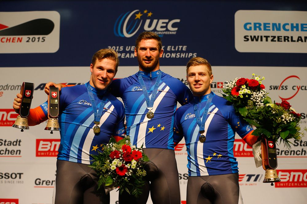 The victorious Dutch team sprinters: Nils Van Hoenderdaal, Jeffrey Hoogland and Hugo Haak.