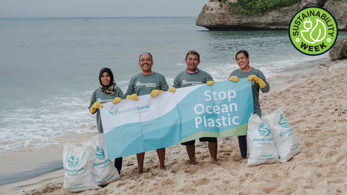 Plastic Bank workers collecting plastic waste on a beach