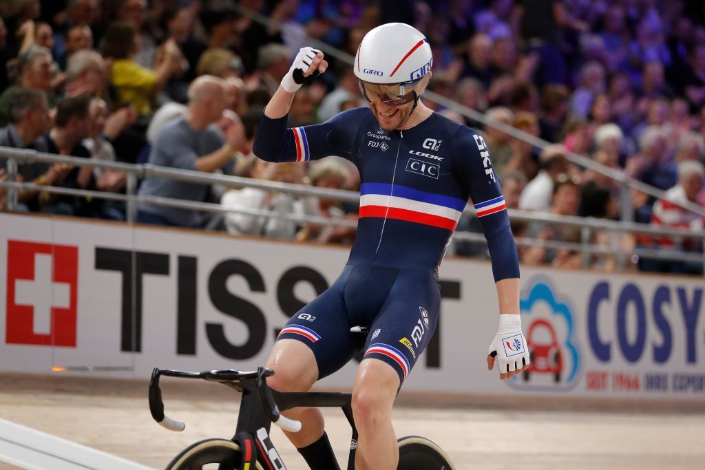 Frances Benjamin Thomas celebrates Gold in the mens omnium elimination race and points race at the UCI track cycling World Championship at the velodrome in Berlin on February 29 2020 Photo by Odd ANDERSEN AFP Photo by ODD ANDERSENAFP via Getty Images