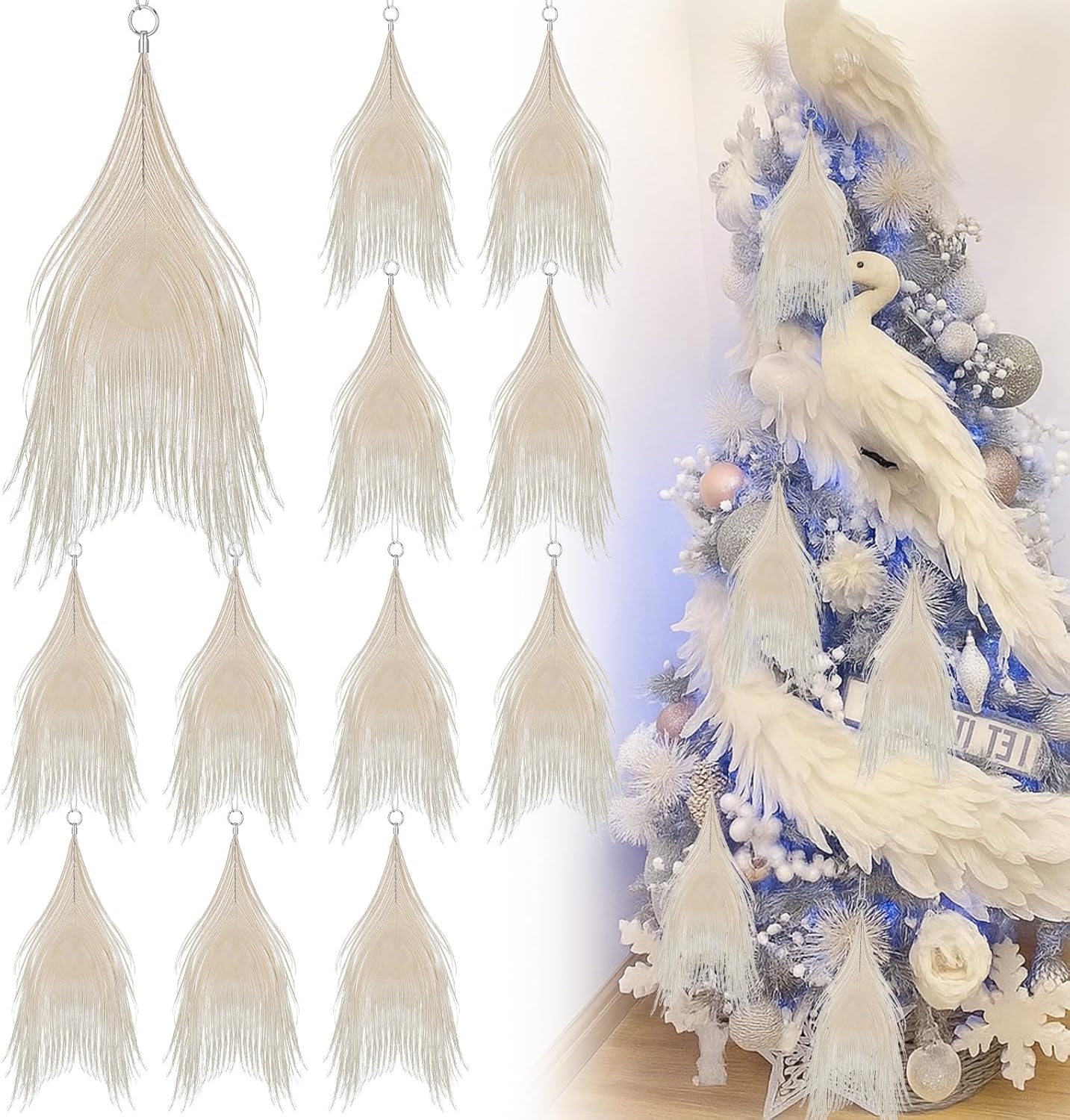 Syhood 12 Pcs Christmas Peacock Feather Ornaments Wedding Natural Peacock Bird Ornaments for Christmas Tree for Home Xmas Day Party Decor (delicate Style)