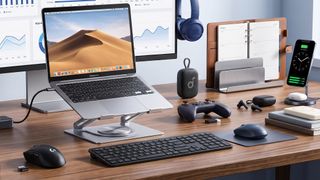 A home office setup with various tech accessories