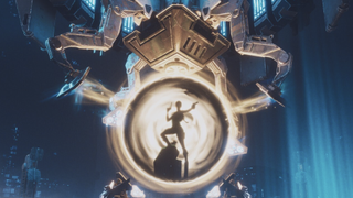 A silhouette stands in the middle of a golden orb, suspended by an ancient mechanical device