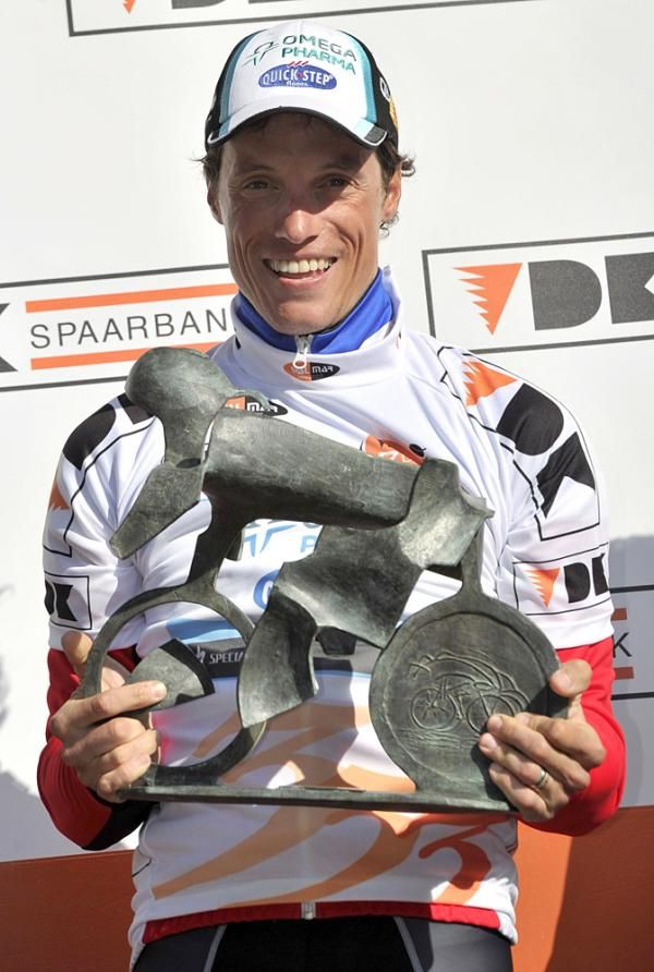Overall race winner Sylvain Chavanel shows off his new trophy