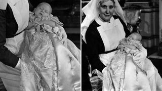 Two photos of a baby King Charles in the arms of his nurse