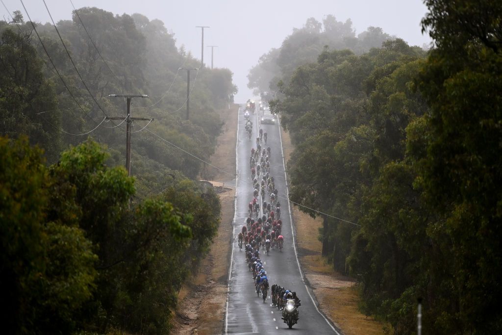GEELONG AUSTRALIA JANUARY 29 A general view of the peloton passing through a landscape during the 7th Cadel Evans Great Ocean Road Race 2023 Mens Elite a 1743km one day race from Geelong to Geelong CadelRoadRace on January 29 2023 in Geelong Australia Photo by Tim de WaeleGetty Images
