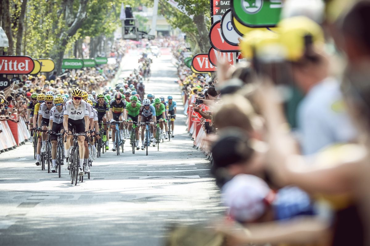Team Sky lead the peloton over the line into Salon de Provence after the longest stage of the 2017 Tour