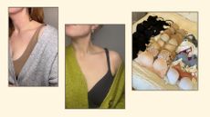 two shots of matilda wearing bras next to a selection of bras lying on a bed