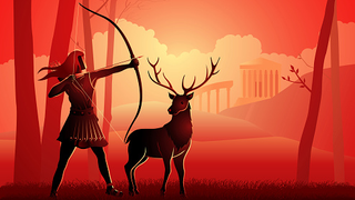 illustration of the artemis goddess drawing her bow next to a deer. in the far background are greek temples