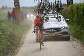 ROUBAIX FRANCE APRIL 07 Andrew August of The United States and Team INEOS Grenadiers competes passing through the Capelle Ruesnes cobblestones sector during the 121st ParisRoubaix 2024 a 2597km one day race from Compiegne to Roubaix UCIWT on April 07 2024 in Roubaix France Photo by Dario BelingheriGetty Images