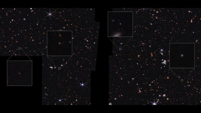 James Webb Space Telescope image showing a broad area of space with many small galaxies, four of which are highlighted in pull-out boxes. The four highlighted galaxies are very small, appearing as points of light. Black areas of the overall image indicate where the telescope did not collect data &ndash; a vertical section in the center and a square in the lower left corner.