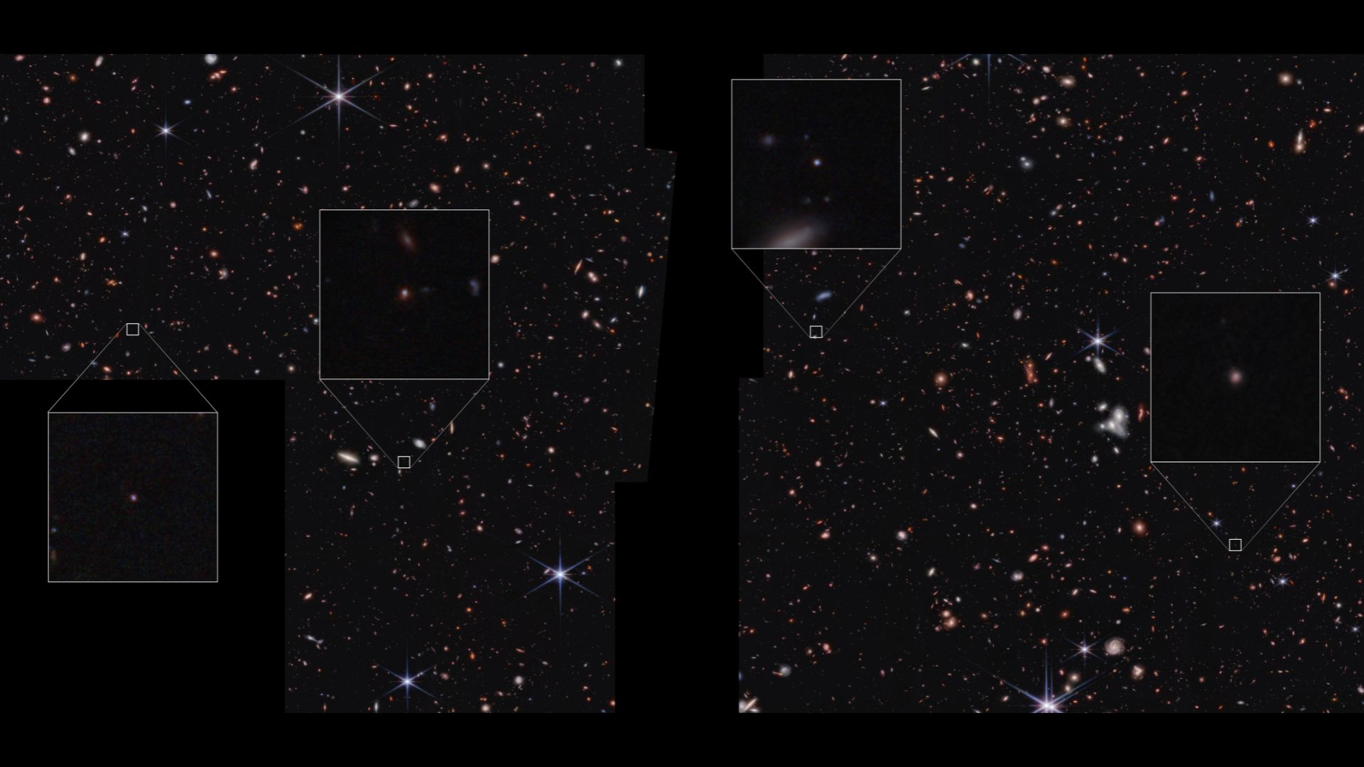 James Webb Space Telescope image showing a broad area of space with many small galaxies, four of which are highlighted in pull-out boxes. The four highlighted galaxies are very small, appearing as points of light. Black areas of the overall image indicate where the telescope did not collect data &ndash; a vertical section in the center and a square in the lower left corner.