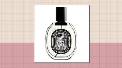 A bottle of Diptyque Fleur de Peau in a pink and cream template 