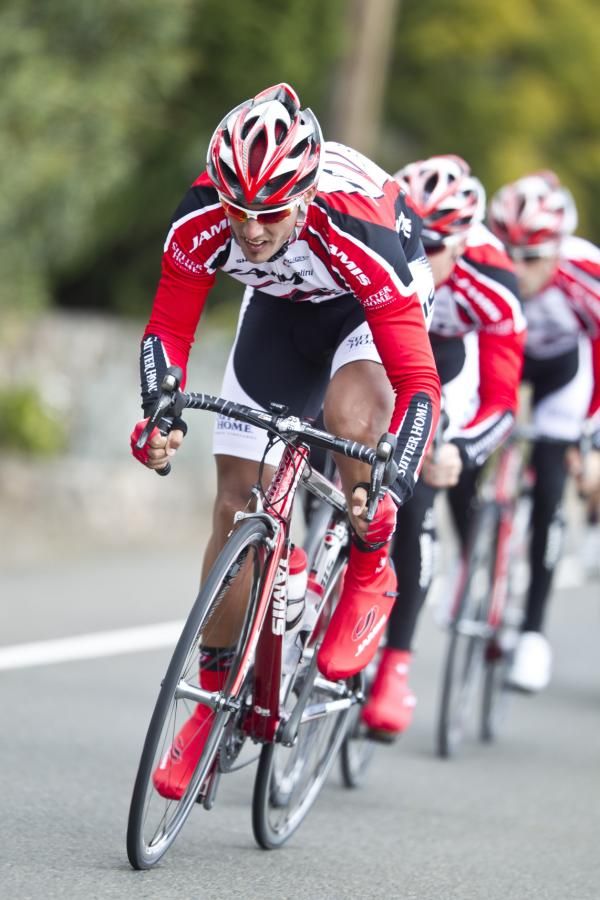Demis Aleman takes a pull at the Jamis-Sutter Home camp in California