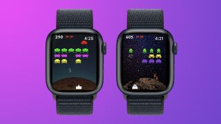 Screenshots of the Invaders Mini app on Apple Watch