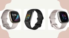 A composite image of three of the best Fitbit deals in October 2023 on a cream and pink background.