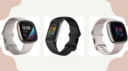 A composite image of three of the best Fitbit deals in October 2023 on a cream and pink background.