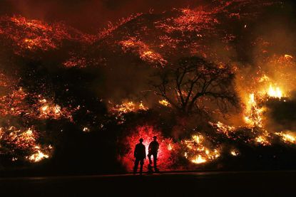 Firefighters look at flames during the 2017 Thomas Fire.