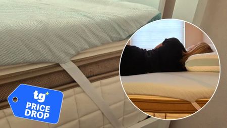 An image of theTempur-Adapt + Cooling Topper on a mattress. In the right foreground, there is a circular frame showing a woman sleeping on it. In the left foreground, there is a deals badge. 