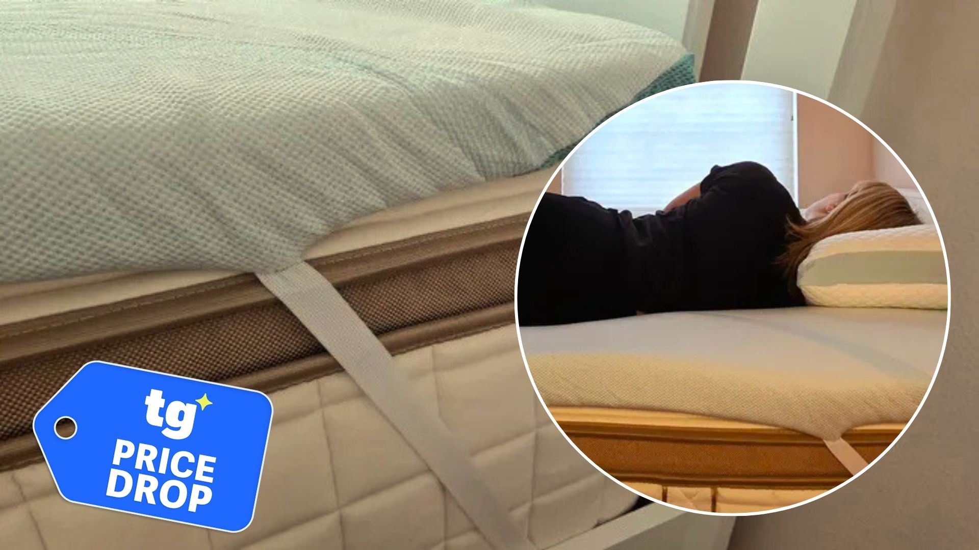 An image of theTempur-Adapt + Cooling Topper on a mattress. In the right foreground, there is a circular frame showing a woman sleeping on it. In the left foreground, there is a deals badge. 
