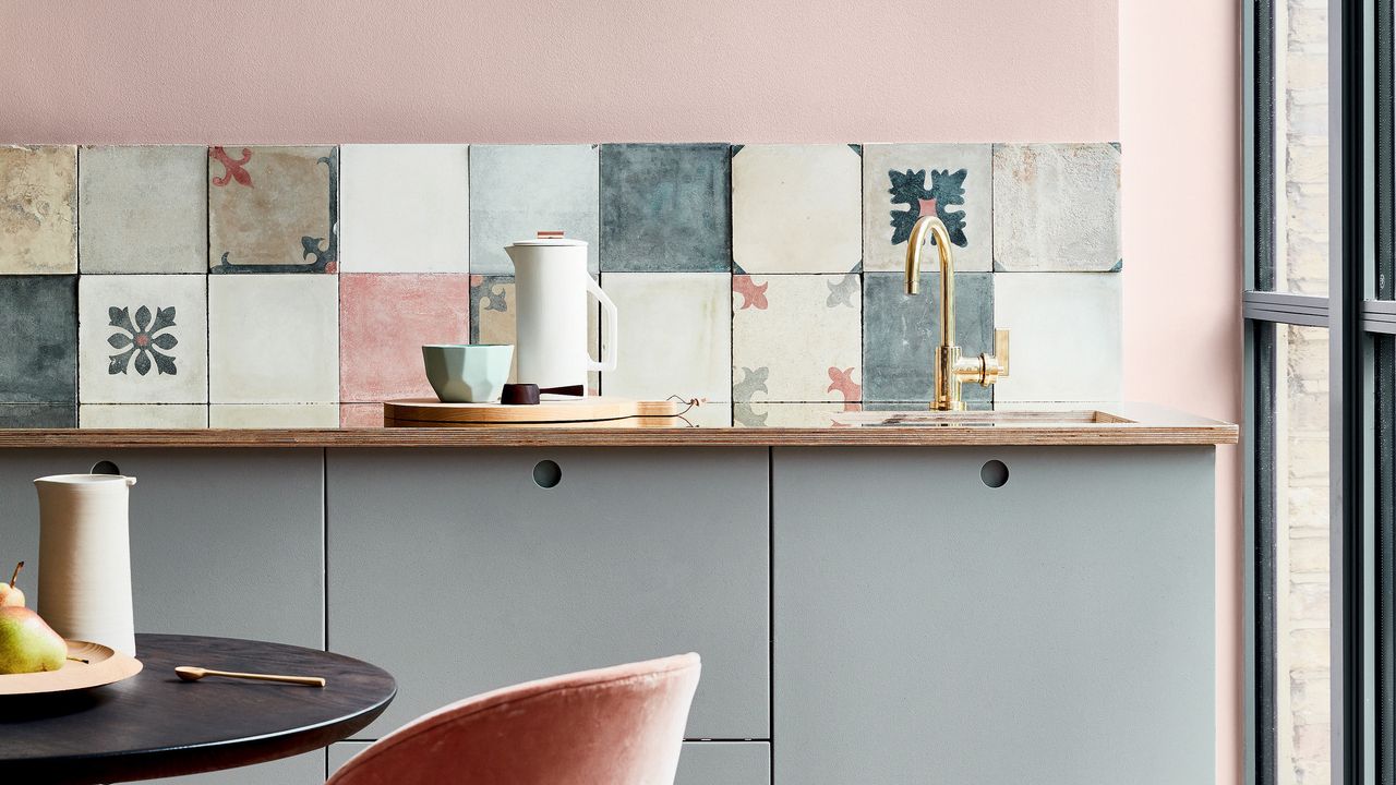 Pink and gray kitchen designed by Little Greene