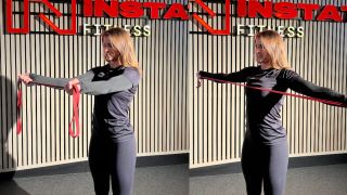 Woman demonstrates two positions of the band pull-apart exercise with a resistance band