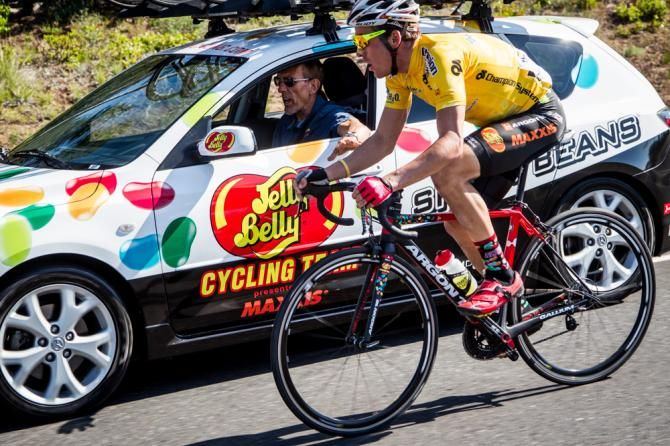 Serghei Tsvetkov (Jelly Belly) gets some direction from the team car.