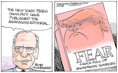Political cartoon U.S. Trump Bob Woodward Fear book New York Times anonymous op-ed