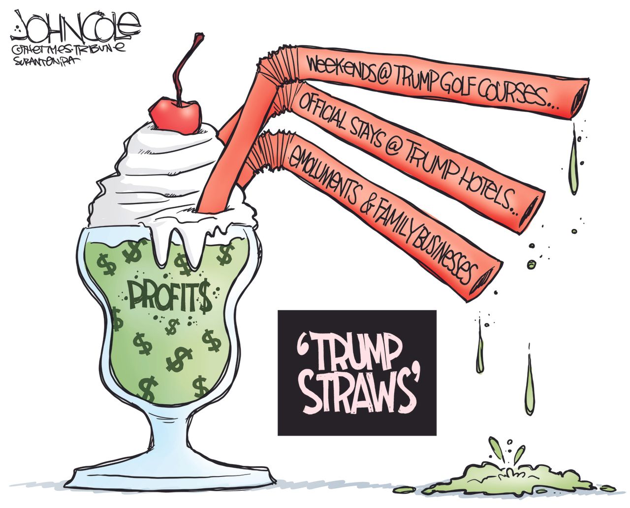 Political Cartoon U.S. Trump Straws In Profits Milkshake