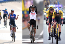 Composite image of Wout van Aert, Tadej Pogačar and Mathieu van der Poel