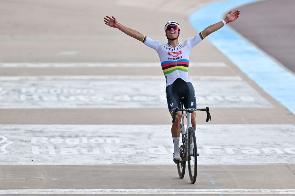 ROUBAIX FRANCE APRIL 07 Mathieu van der Poel of The Netherlands and Team Alpecin Deceuninck celebrates at finish line as race winner in the Roubaix Velodrome Velodrome Andre Petrieux during the 121st ParisRoubaix 2024 a 2597km one day race from Compiegne to Roubaix UCIWT on April 07 2024 in Roubaix France Photo by Luc ClaessenGetty Images
