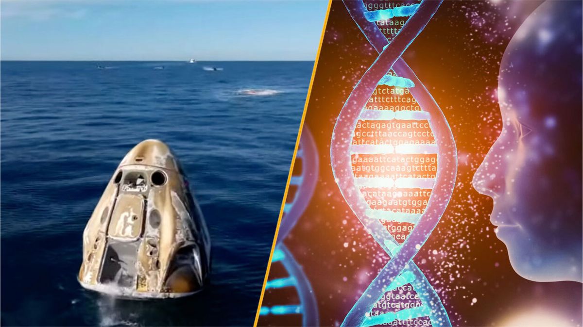 A two paneled image. On one side, a space capsule in the ocean. On the other side, an illustration of a human with a DNA strand