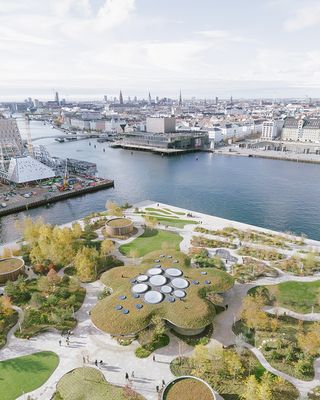 The Opera Park from the air with water as backdrop